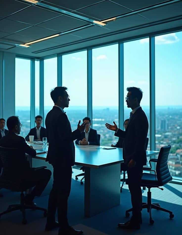 Business meeting in modern office with large windows, two men discussing, others seated, city view in background.