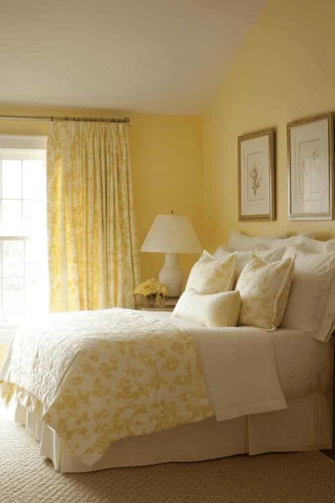_ 2 Cozy bedroom with yellow floral accents, large window, elegant lamp, and framed art on walls. Bright and inviting space. | Sky Rye Design Cozy bedroom with yellow floral accents, large window, elegant lamp, and framed art on walls. Bright and inviting space.