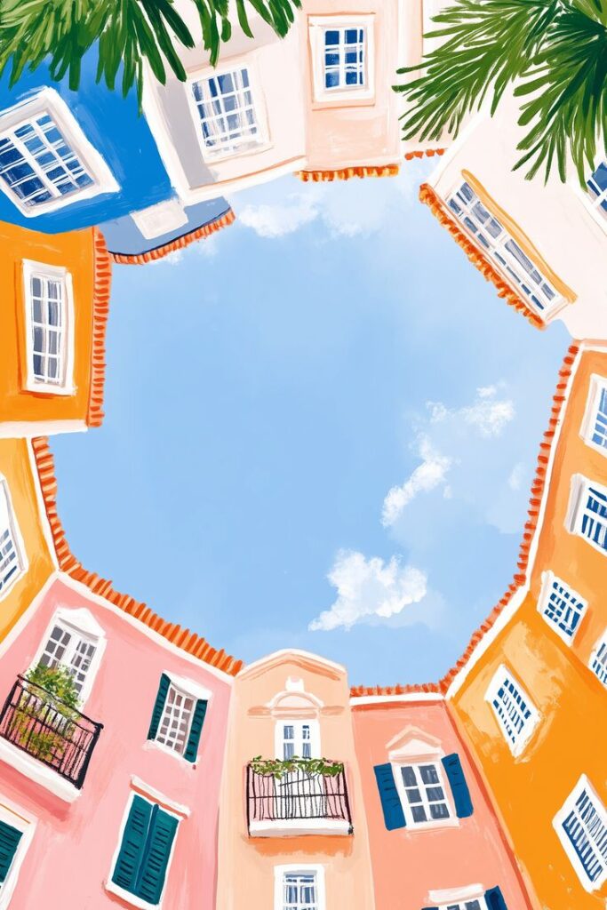 Illustration of colorful buildings forming a square, viewed from below, with a bright blue sky and palm leaves.