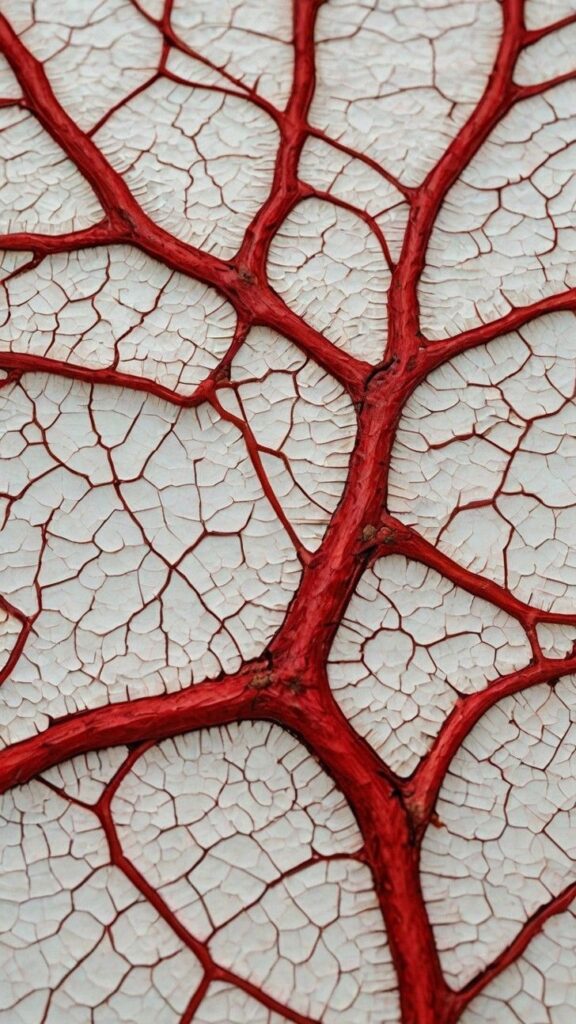 Close-up of red veins on cracked white surface, resembling tree branches or natural patterns.