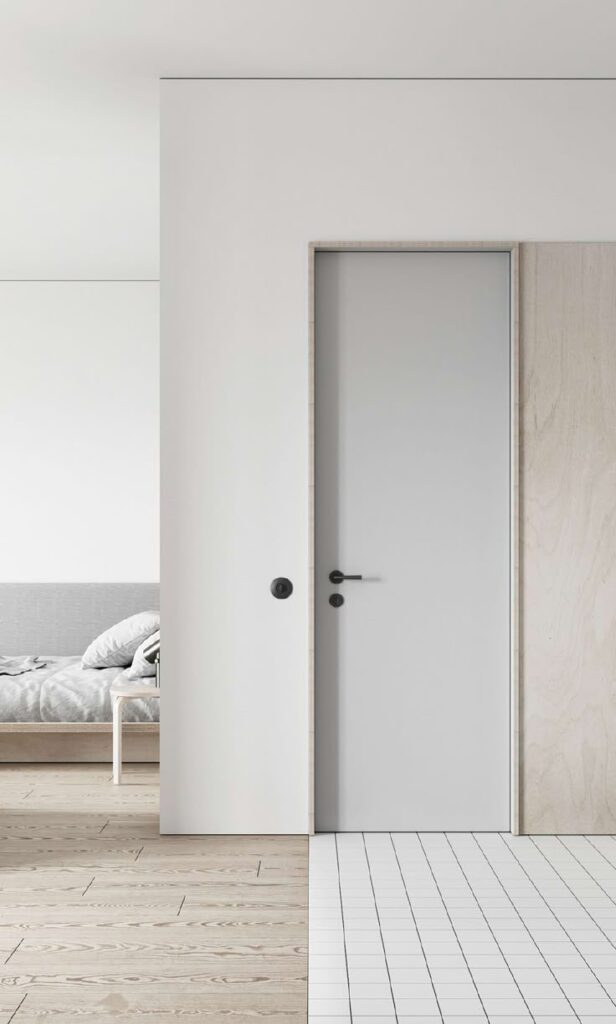 _ 2 Minimalist bedroom with white door and wooden floors, modern interior design, simple and elegant aesthetic. | Sky Rye Design Minimalist bedroom with white door and wooden floors, modern interior design, simple and elegant aesthetic.