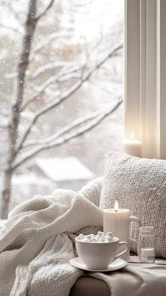 Cozy winter scene with hot chocolate, marshmallows, candles, and soft blankets by a snowy window.