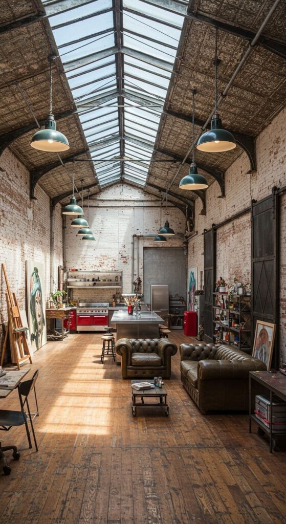Industrial loft space with skylight, vintage furniture, and open kitchen setup. Cozy and creative atmosphere.