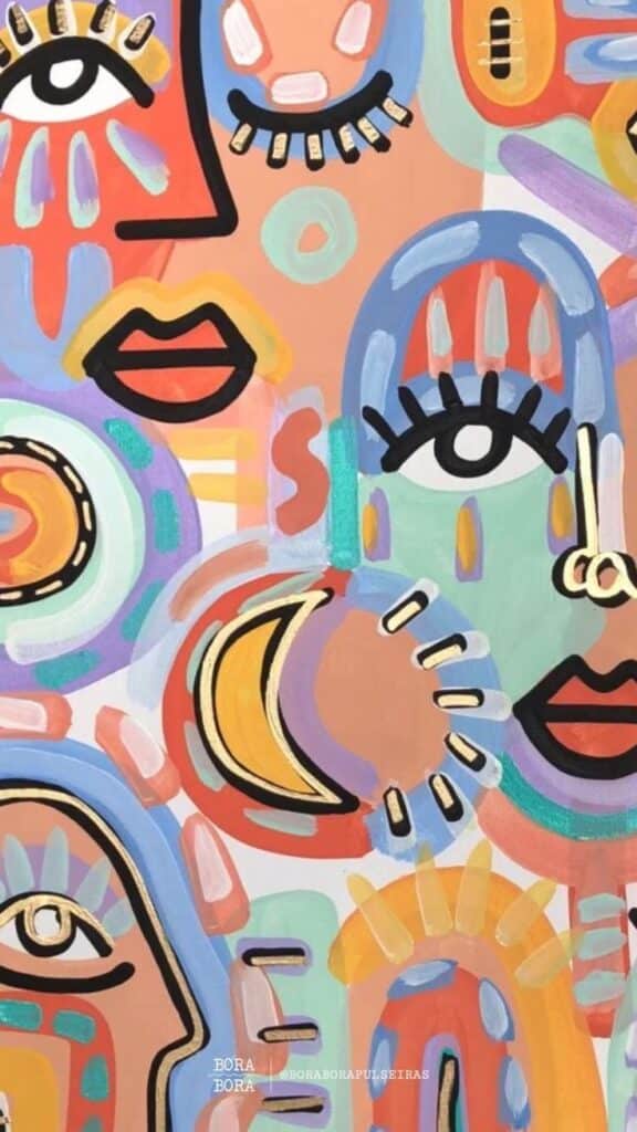 Abstract art featuring colorful, geometric faces and shapes with bold lines and vibrant patterns.