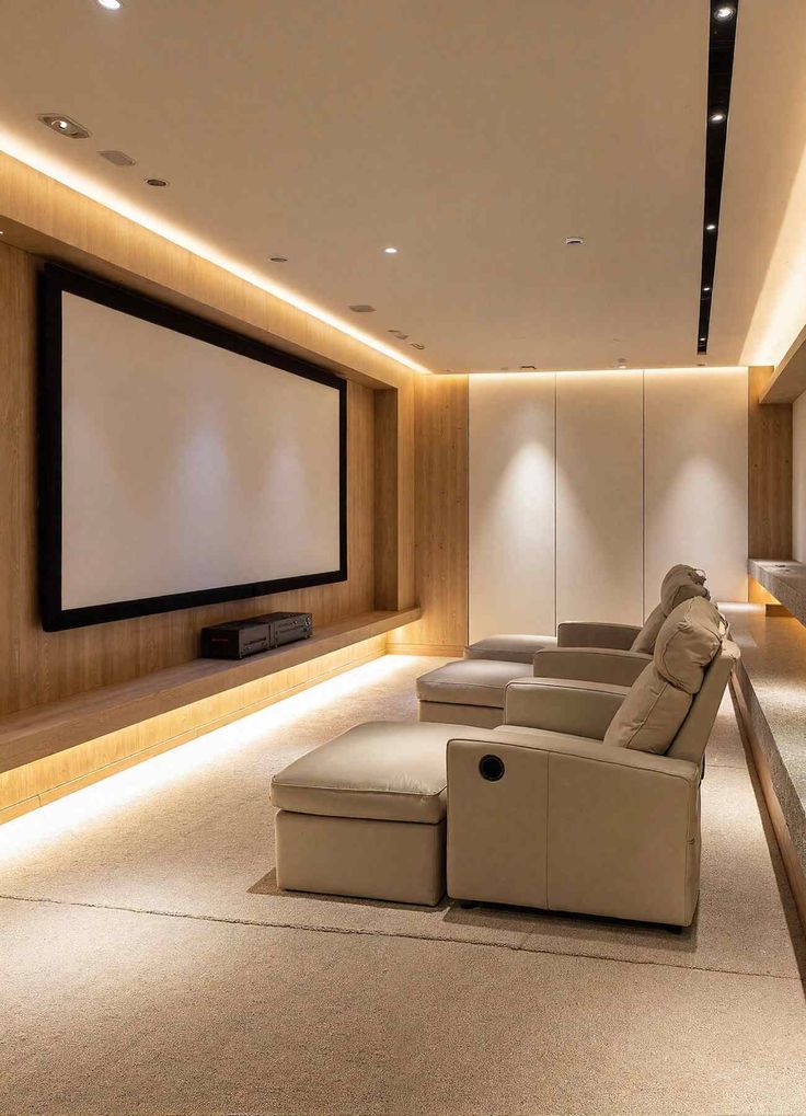 Modern home theater with reclining seats, large screen, and ambient lighting. Ideal for luxury home entertainment setups.