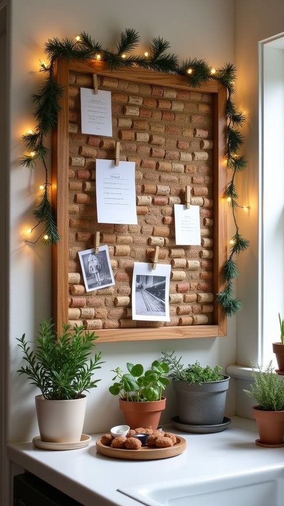 Corkboard with notes and photos, surrounded by lights, above a kitchen counter with potted herbs and snacks.