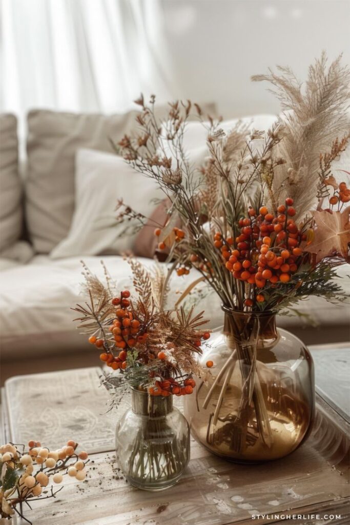Rustic autumn floral arrangement with orange berries in glass vases on a wooden coffee table. Modern fall interior