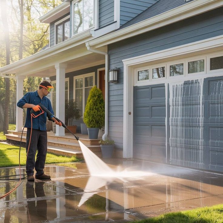 Person pressure washing a driveway in front of a modern blue house on a sunny day.