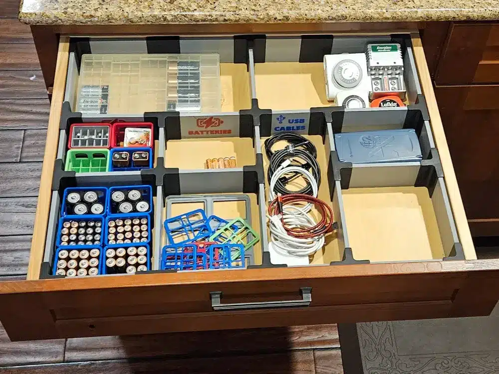 Organized drawer with batteries and USB cables, neatly arranged in compartments for easy access and efficient storage.