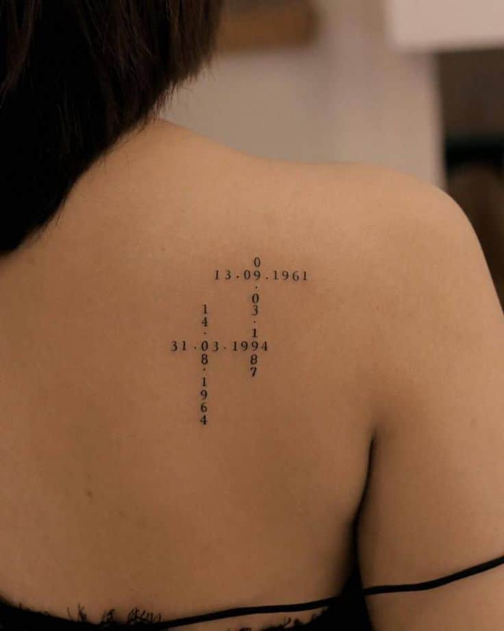 Unique date tattoo in number pattern on woman's shoulder blade.