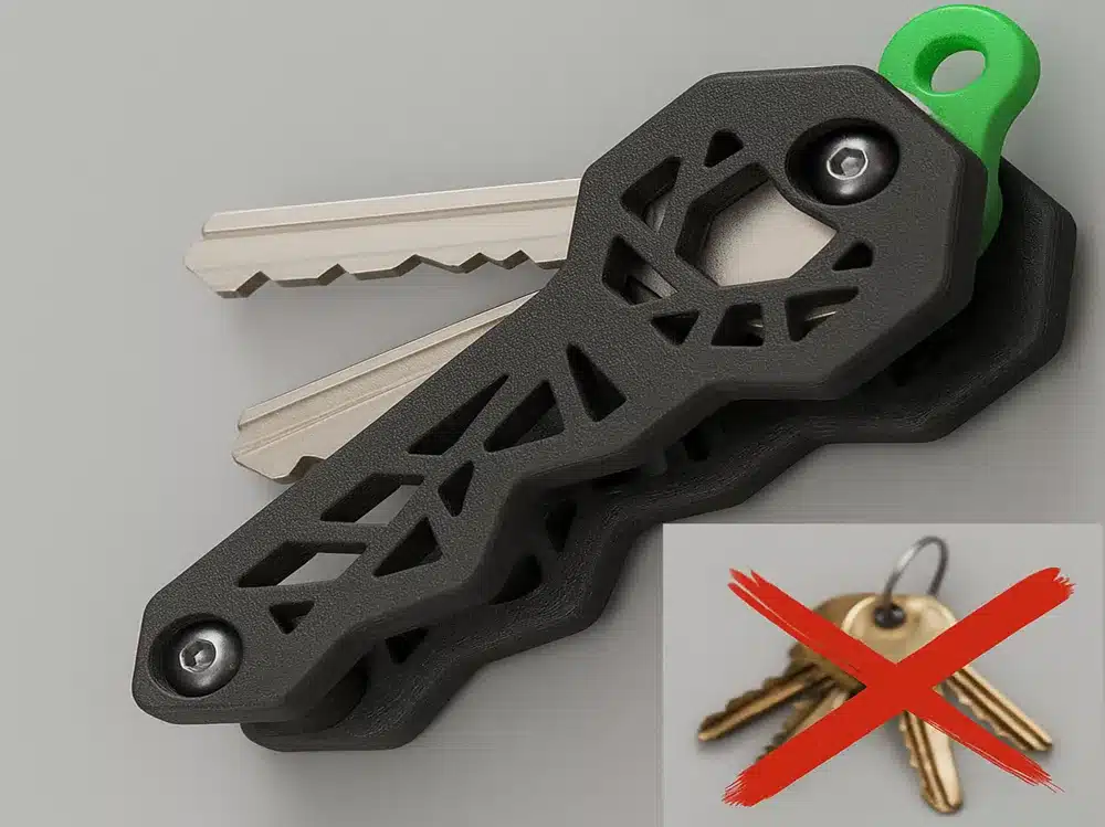 Modern key organizer with sleek geometric design and compact storage, replacing traditional key rings for convenience.