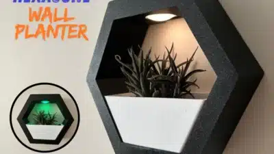 Hexagonal wall planter with light, featuring green succulent plants in a sleek black and white design.