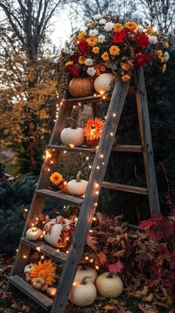 Rustic ladder with pumpkins, autumn leaves, and string lights, creating a cozy fall display.
