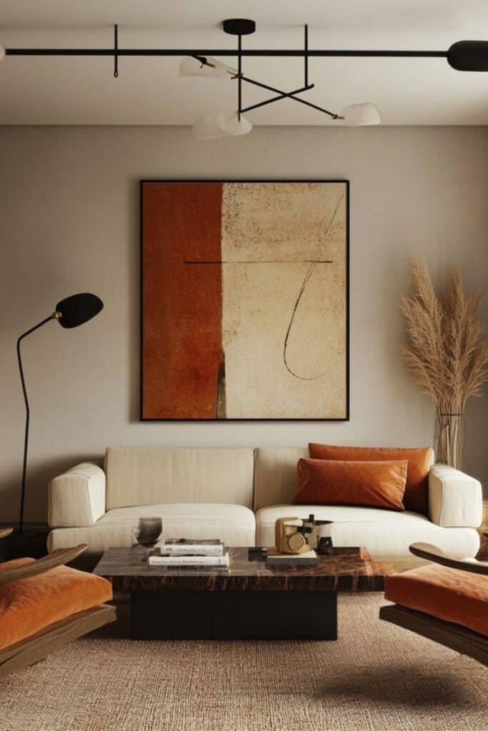 Modern living room with abstract art, beige sofa, orange cushions, black floor lamp, and a textured rug.