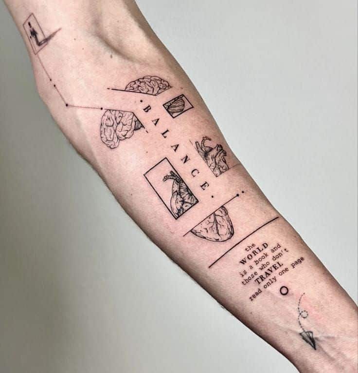 Abstract arm tattoo featuring brain and heart designs with the word Balance and an inspirational quote.