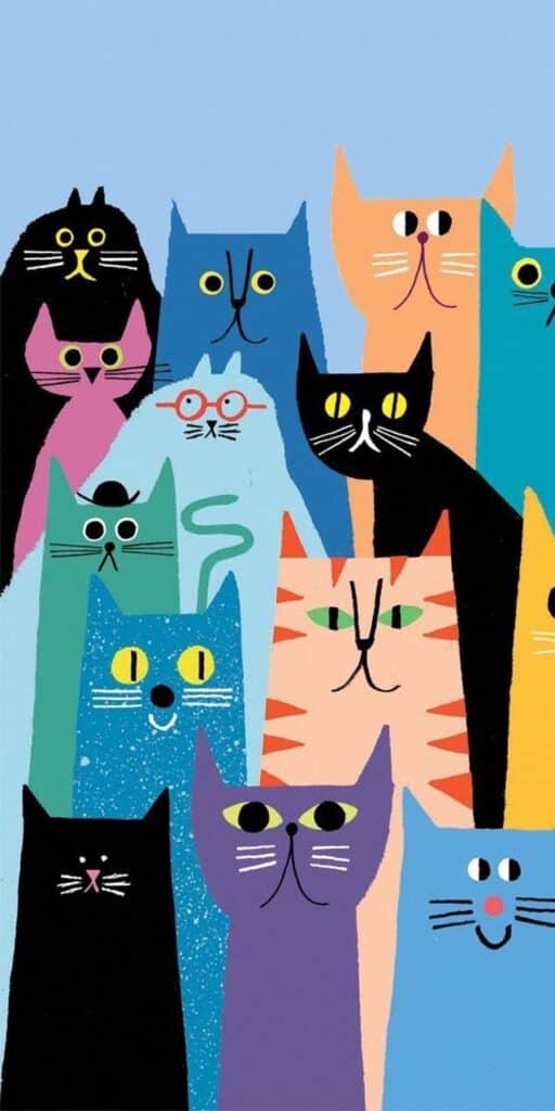 Colorful abstract cats illustration on blue background, featuring various expressions and styles.