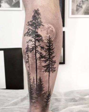 Forest and moon tattoo design on a leg, featuring tall trees and a full moon, in black and gray style.