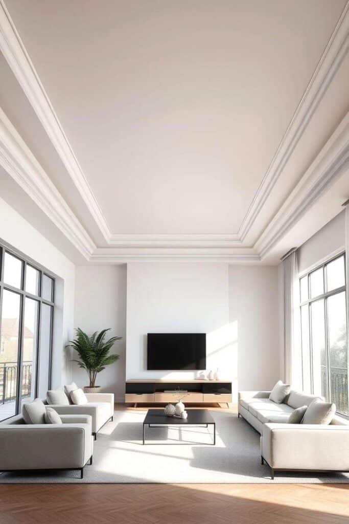 Modern living room with white sofas, large TV, and natural light from floor-to-ceiling windows.