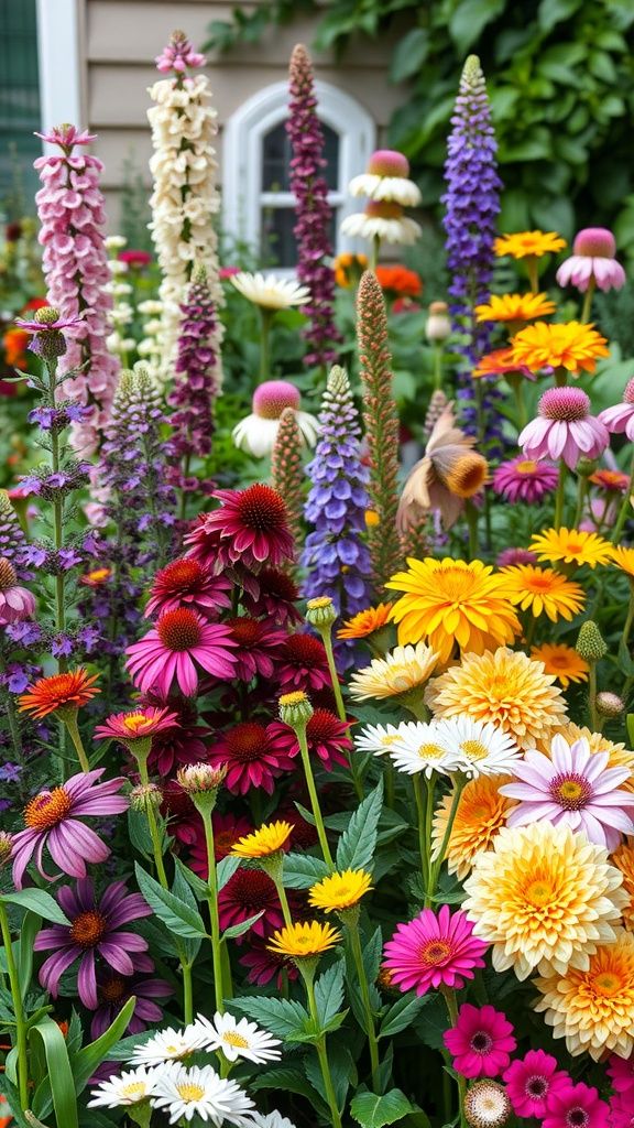 Colorful garden with various blooming wildflowers, including daisies and coneflowers, against a green foliage backdrop.