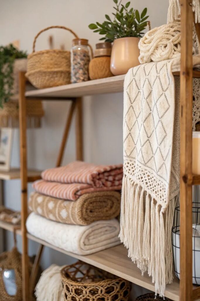 Cozy woven blankets and macrame decor on wooden shelves, featuring plants and rustic jars. Perfect boho style home decor.