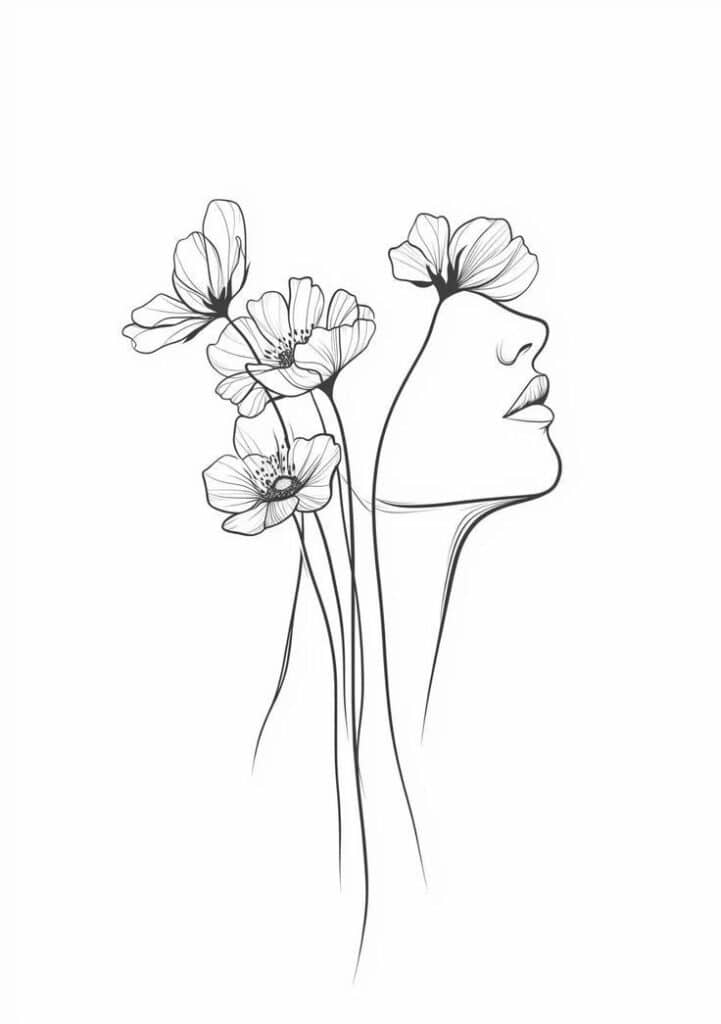 Abstract line art of a woman's profile merging with blooming flowers, symbolizing nature and femininity.