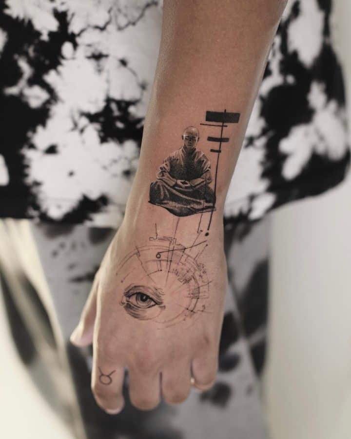 Abstract tattoo on forearm featuring a monk, a geometric circle, and an eye. Unique and intricate black ink design.