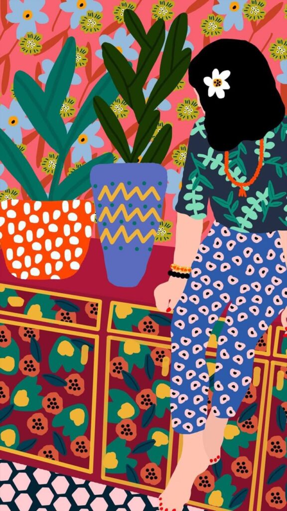 Illustration of a woman sitting amid vibrant plants and bold floral patterns, creating a lively and colorful scene.