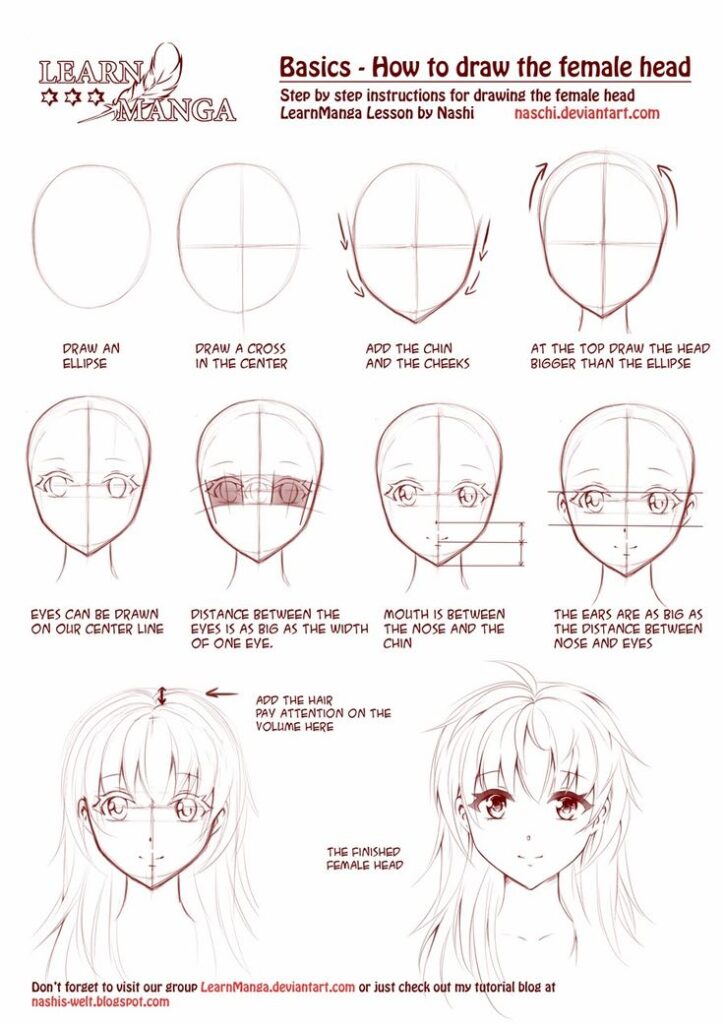 Step-by-step guide to drawing a female manga head, from basic shapes to detailed features and hair.