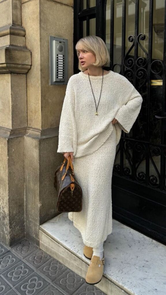 Woman in cozy white knit outfit with handbag, standing by a ornate gate and stone wall, wearing beige clogs.