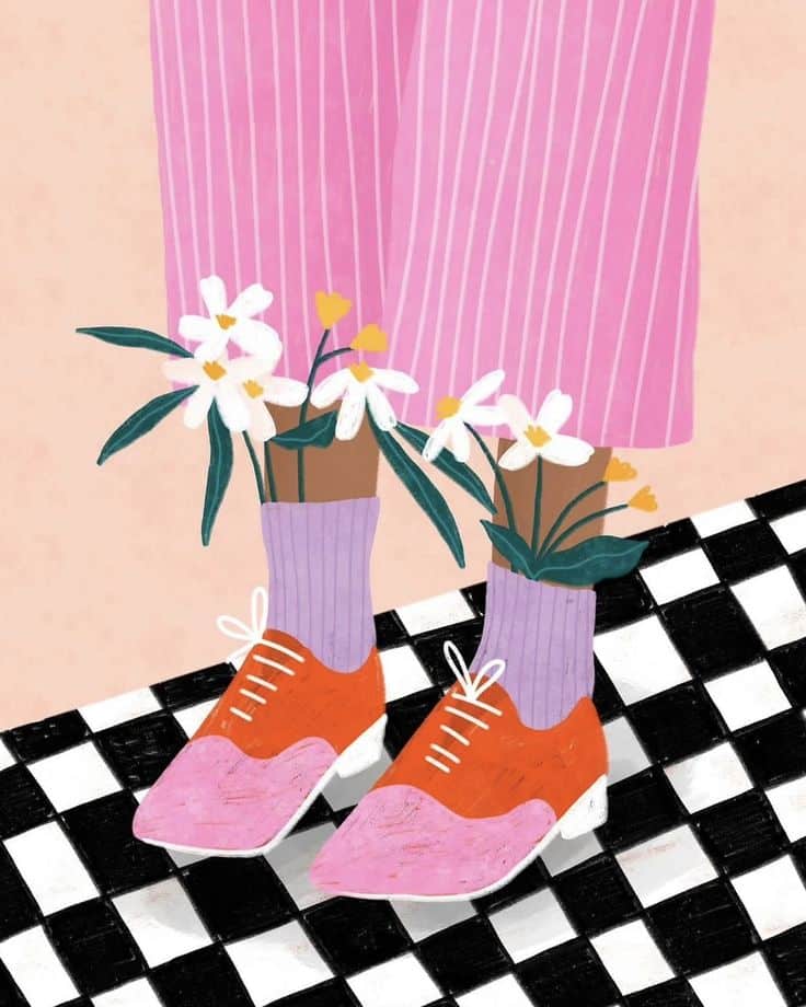Illustration of pink shoes with flowers, purple socks, and pink-striped pants on a checkered floor. Playful fashion art.
