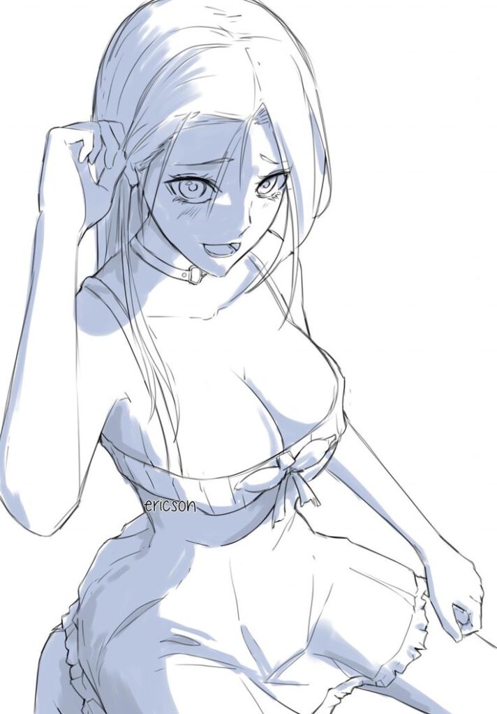Anime character sketch, smiling young woman in dress with a shy expression, holding hair, art by Ericson.