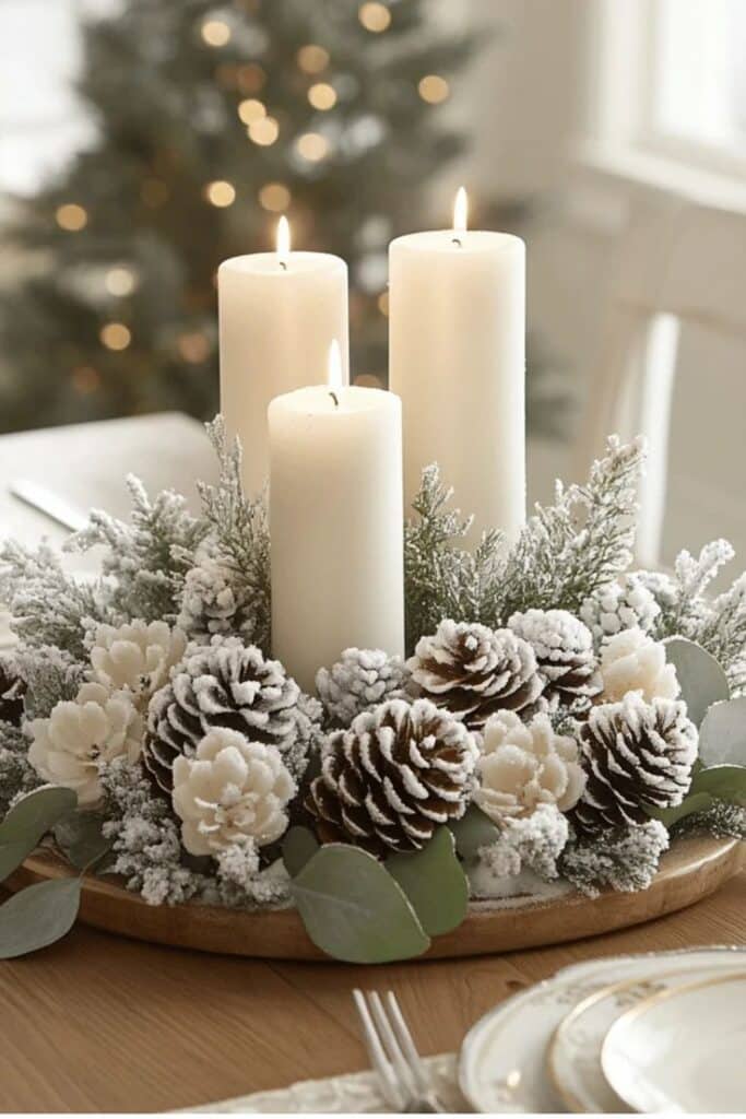 Elegant holiday centerpiece with lit white candles, frosted pinecones, and greenery on a wooden tray.