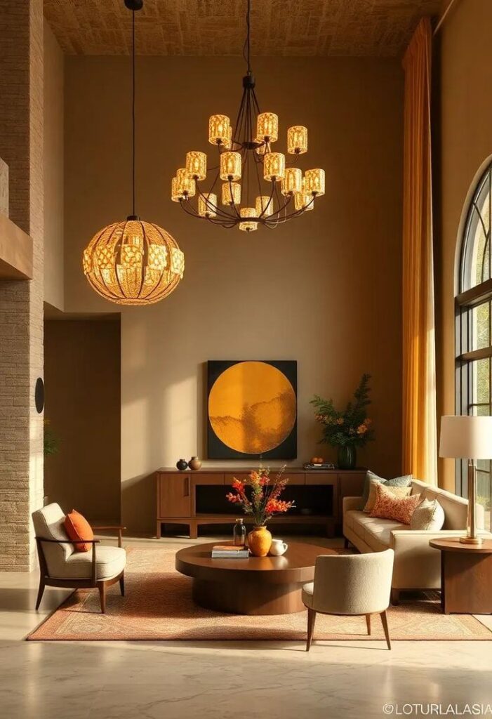 Warm-toned living room with elegant lighting, modern furniture, large artwork, and tall arched window.