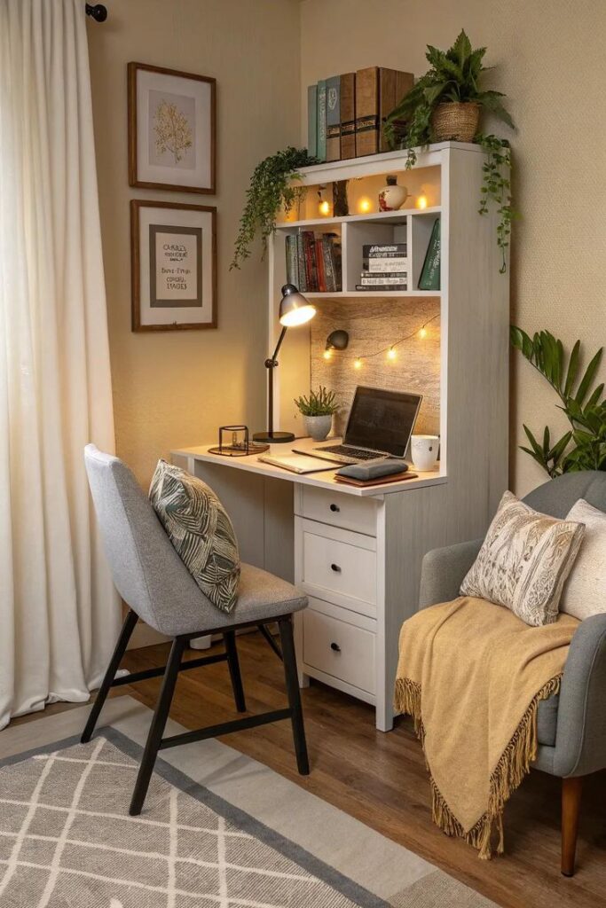 Cozy home office with a white desk, laptop, and plants. Warm lighting and decorative elements for a productive workspace.