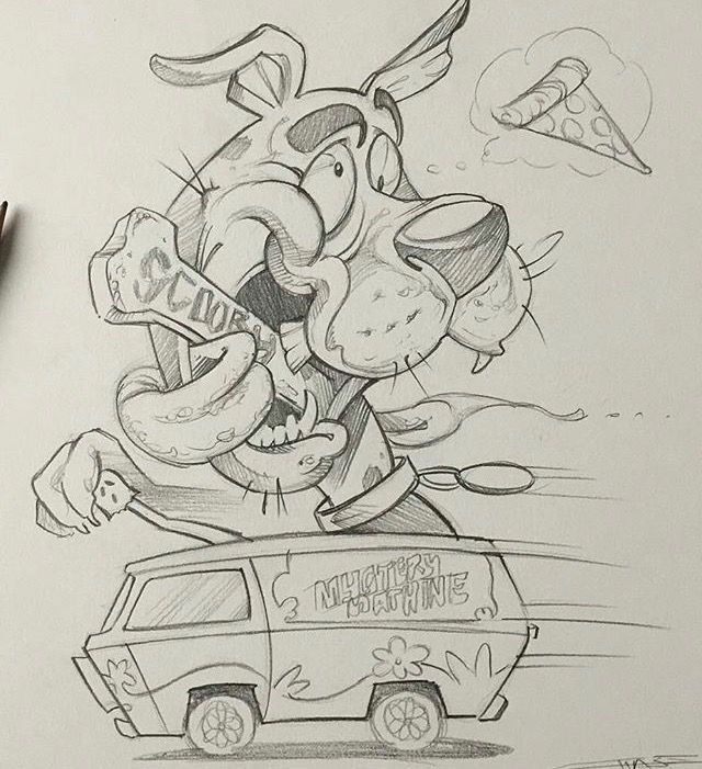 Cartoon dog driving van, holding bone, chasing pizza slice. Sketch features text Scooby and Mystery Machine.