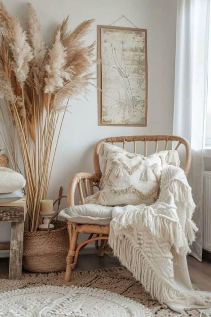 Boho-style cozy chair with cushion, throw, pampas grass, and wall art in a sunlit room.