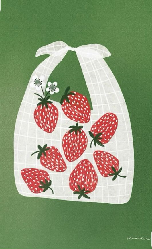 Illustration of strawberries in a netted white bag with a green background, showcasing fresh fruit and flowers.