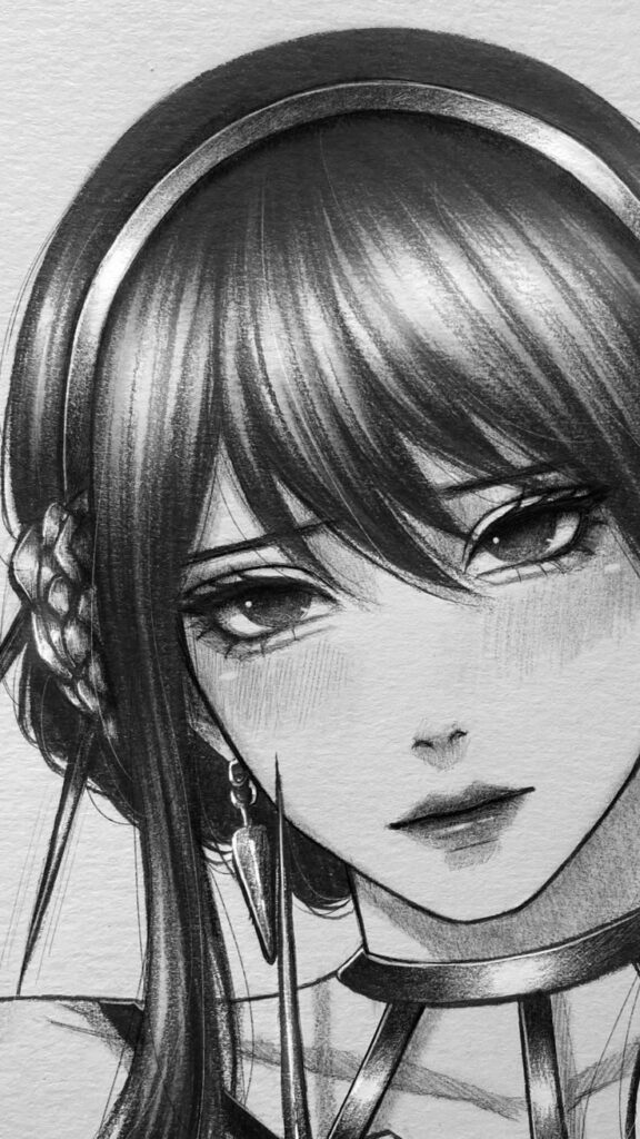 Illustration of a character with detailed hair, headband, and earrings, in grayscale anime style.