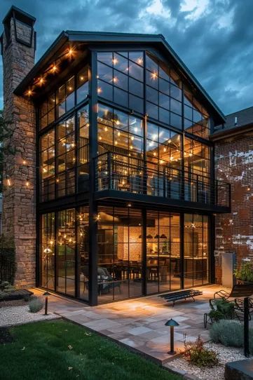 Modern glass house exterior with warm lighting during dusk, featuring a stone chimney and outdoor seating area.