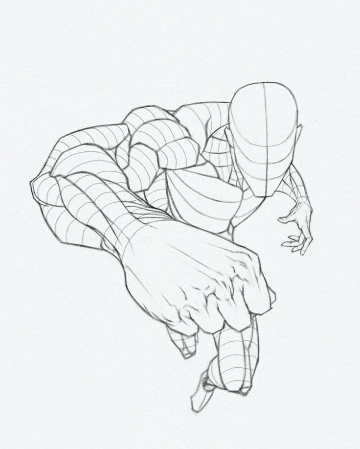 Dynamic superhero sketch showing perspective lines for dramatic action pose.