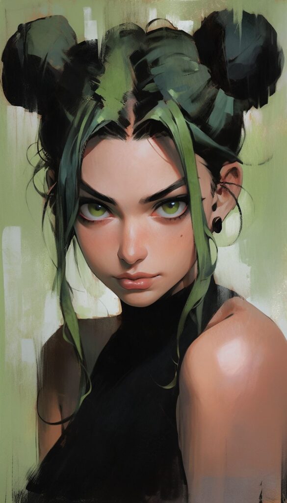 Digital art of a woman with green hair styled in buns, intense green eyes, and a black top, set against a soft background.