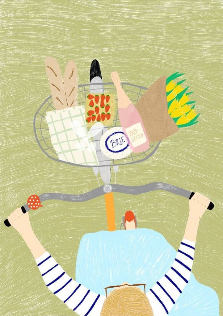 Cyclist with groceries in basket: baguettes, strawberries, brie, prosecco, and flowers on a green background.