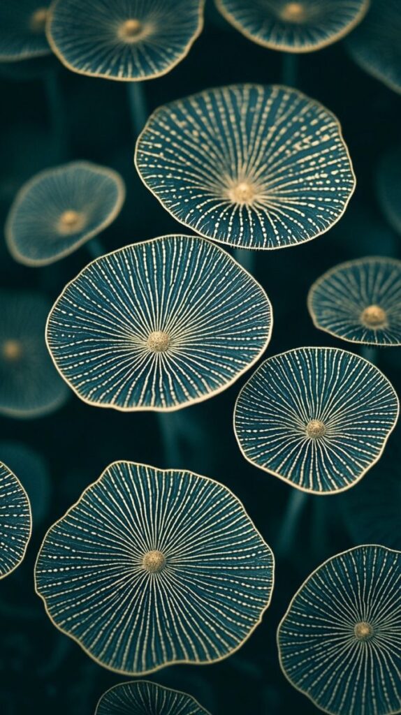 Abstract mushroom tops with delicate, radiating lines against a dark background. Nature-inspired design. nature-inspired patterns