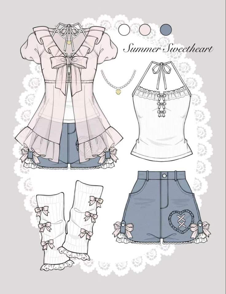 Cute summer outfit illustration with ruffled top, denim shorts, bows, and lace details, titled Summer Sweetheart.