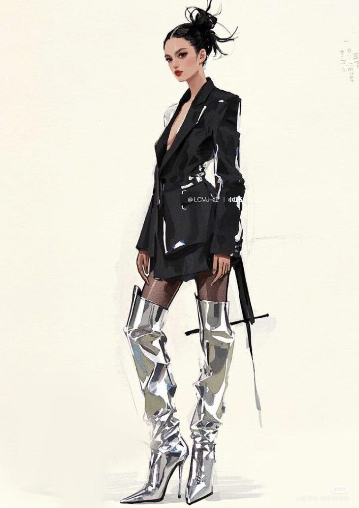 Fashion illustration of a woman in a black blazer dress and silver thigh-high boots.