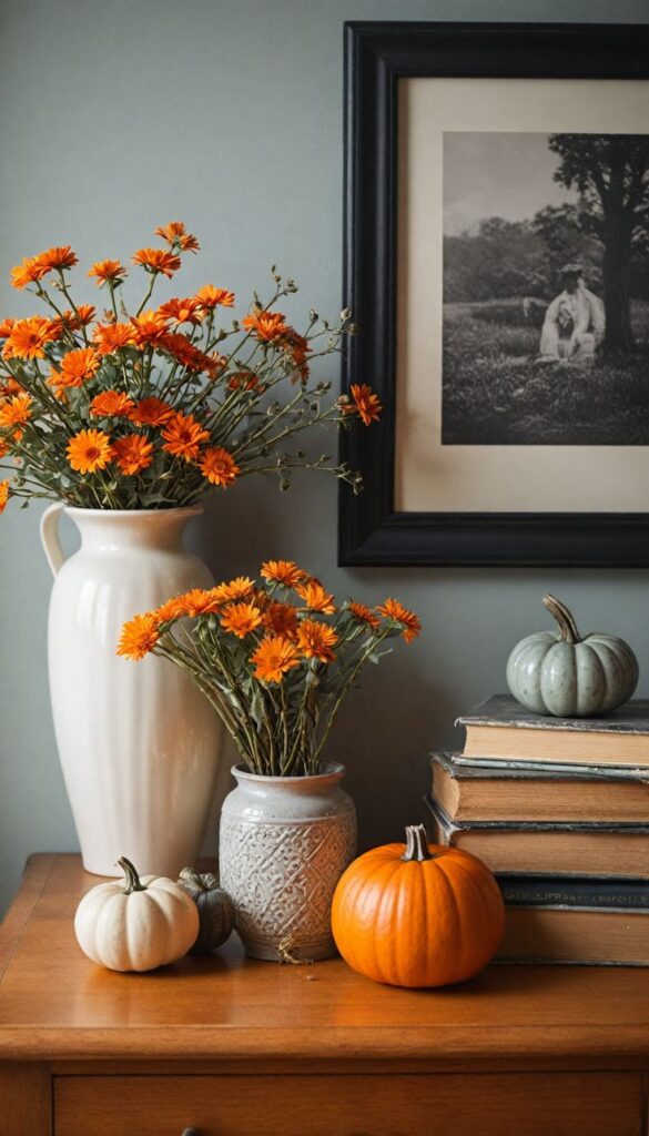 Autumn decor with orange flowers, pumpkins, stacked books, and a framed photo on a wooden table.