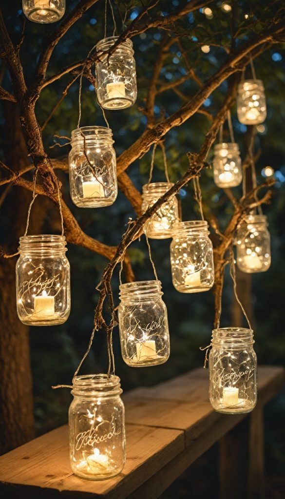 Hanging mason jars with candles illuminating a tree branch for a rustic outdoor lighting decor ambiance.