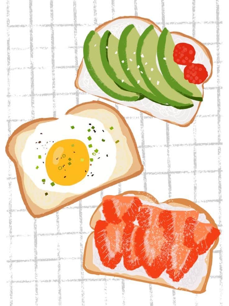 Illustrated toasts with avocado, fried egg, and strawberries on a checkered cloth background.