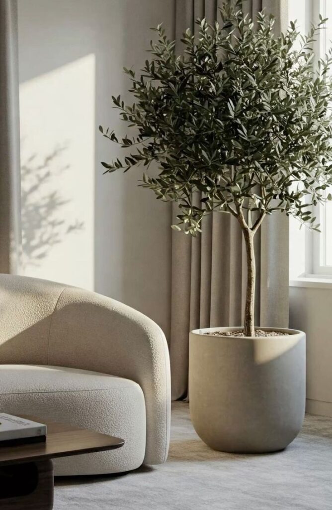Minimalist living room with a plush beige sofa and a large potted olive tree by a sunlit window.