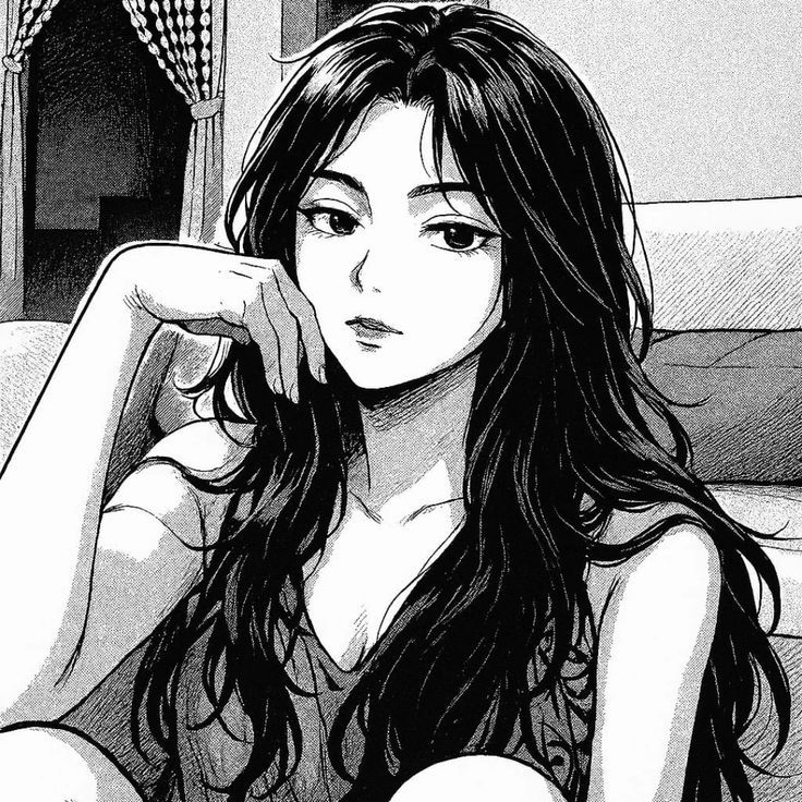 Black-and-white manga illustration of a woman with long hair seated on a couch, looking thoughtful.